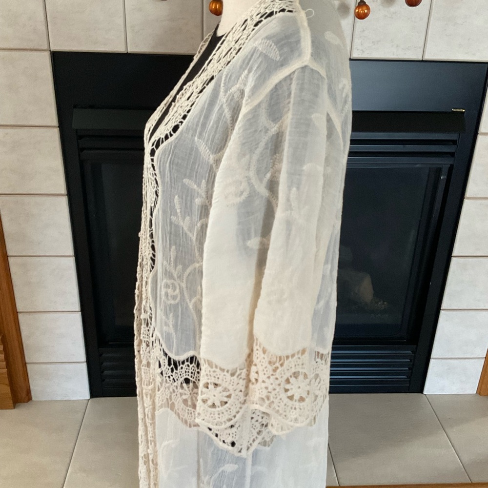 Crochet Open Weave Detail Longline Kimono, One Size Fits Most - Picture 4 of 11